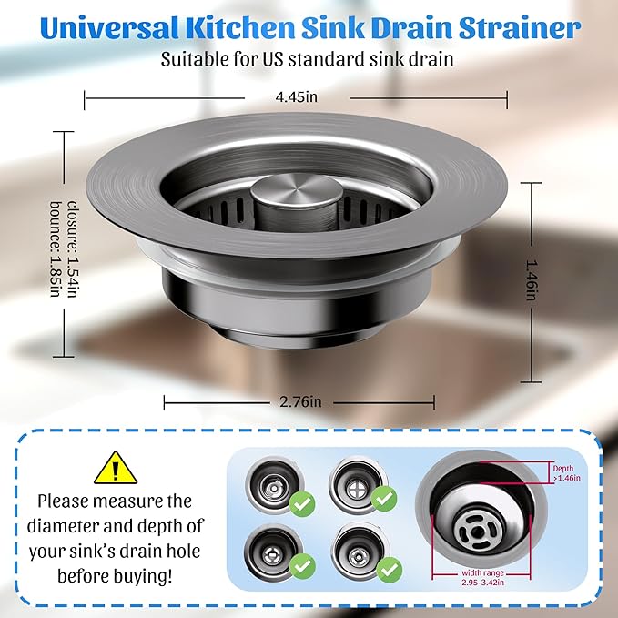 NinjaTiger Kitchen Sink Drain Strainer - 2-Pack 3-in-1 Stainless Steel Kitchen Sink Stopper Pop-Up Sink Drain Strainer Basket Kitchen Sink Stopper for US Standard 3-1/2'' Drain | Gunmetal Gray