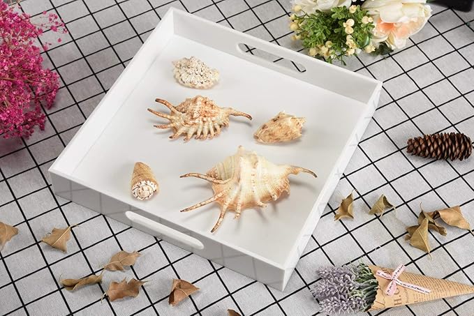 KEVLANG Glossy White Sturdy Acrylic Serving Tray with Handles-10x10Inch-Serving Coffee,Appetizer,Breakfast,Butler-Kitchen Countertop-Makeup Drawer Organizer-Vanity Table,Ottoman Tray-Decorative Tray