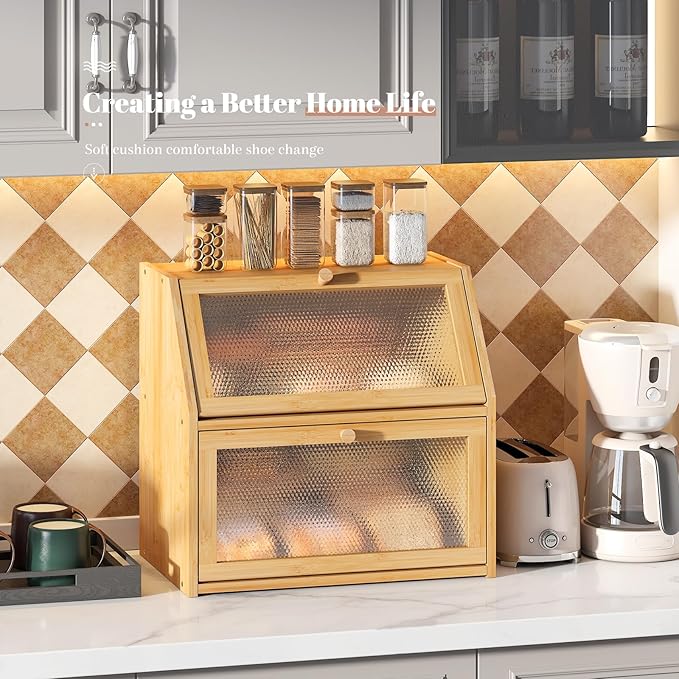 STDDRE Bread Box for Kitchen Countertop Bin Double Layer Bread Box Storage Container Extra Large Capacity with Diamond Pattern Windows (Natural, Extra Large)