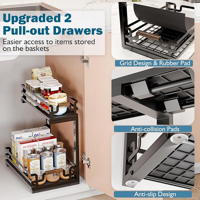 BXINREDA Under Sink Organizers, 2 Tier Slide Out Under Sink Organizers, Under Sink Storage for Bathroom Kitchen (1 Pack)