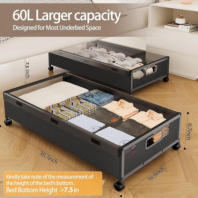 KITHELP Under Bed Storage with Wheels,2 Pack Under Bed Shoe Storage, Under the Bed Storage Drawers with Remove Window, Extra Large Rolling Under Bed Storage Metal Drawer for Clothes (Black-2 pack)