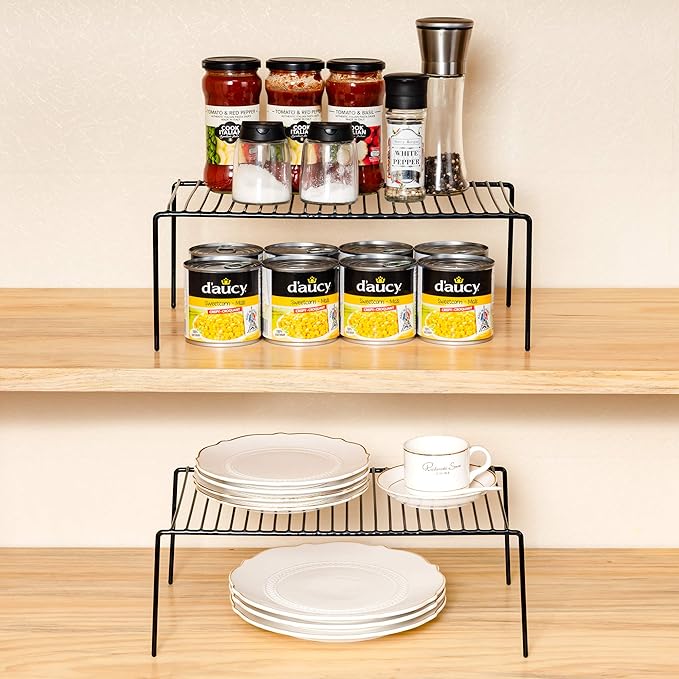 iPEGTOP Set of 6 Large (15.7 x 9.4 Inch) Kitchen Cupboard Organiser, Freezer Cabinet Storage Metal Shelf Wire Rack, Rustproof Steel Shelves for Fridge Pantries Countertops Utensils, Black