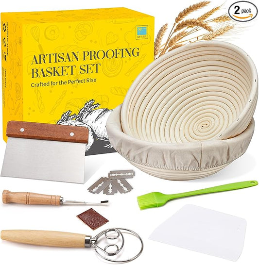 Dimpola Banneton Bread Proofing Basket Banneton Basket Set Sourdough Proofing Basket Round Proofing Bowls Handmade Rattan Baskets and Liners (Round of 2 Gift Set)