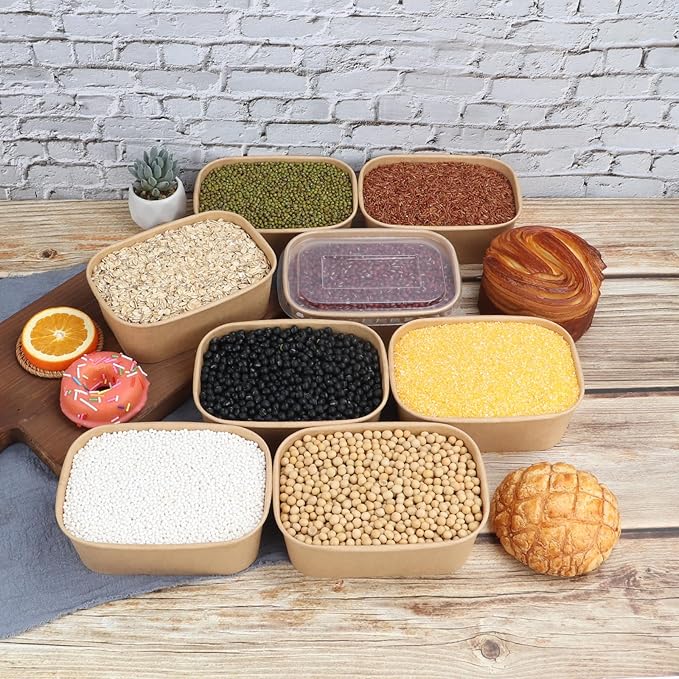 JAYEEY 28 oz Disposable Kraft paper bowls with lids, Rectangle Food containers Soup Bowls Party Supplies Treat Bowls 50 Pack