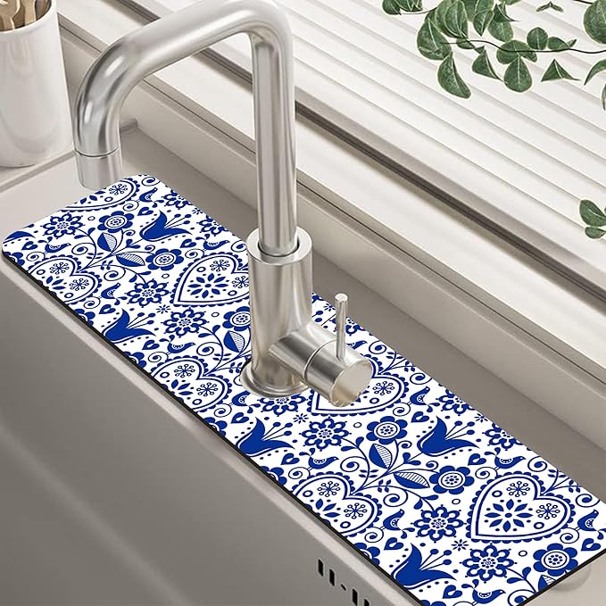 Vintage Bird Heart Floral Dish Drying Mat for Kitchen Sink Navy Blue Sink Splash Guard Faucet Mat Draining Mat Fast Drying Sink Protectors for Kitchen and Bathroom 5.5"×24"