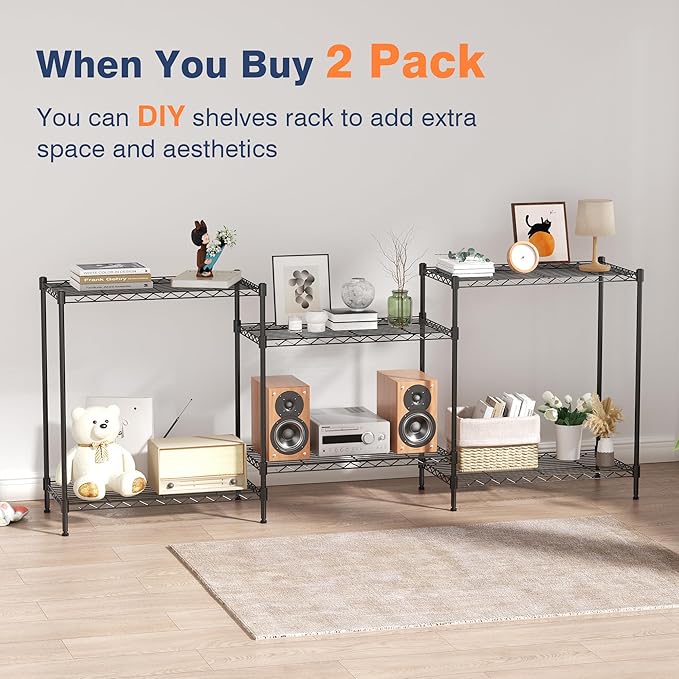 3-Tier Wire Shelf Rack,24" Dx14 Wx 30" H,Wire Metal Shelving with Lockable Wheels,Height Adjustable Storage Standing Shelves for Kitchen,Living Room,Laundry,Office,Pantry,Studio,Black