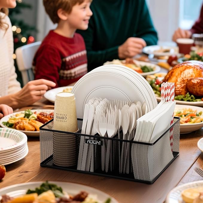 NUTUNI Paper Plate Organizer for Countertop, Metal Silverware Caddy for Plastic Spoon, Napkin, Utensils Holder with 6 Compartments for Party, Camping, Picnic, BBQ