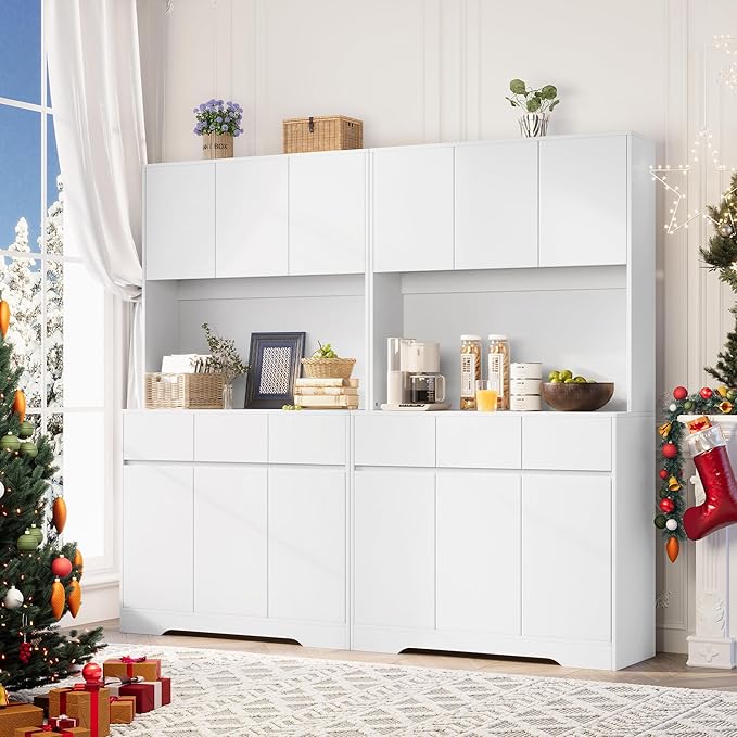 71" Pantry Cabinet with Charging Station and LED Lights, Tall Kitchen Pantry Storage Cabinet with Microwave Stand, Modern Hutch with Storage Drawers for Dining Room, Living Room (Milk White)