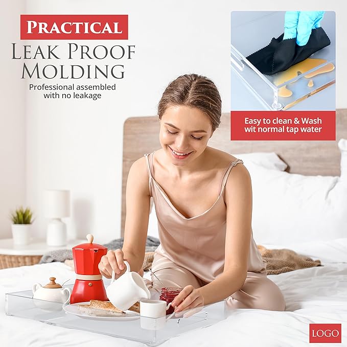 Acrylic Tray 15x10 with Cut Handles - Spill Proof Decorative Tray is an Ideal Countertop Organizer for Living Rooms, Ottoman Coffee Tables, Offices, Kitchens & Serving Guests