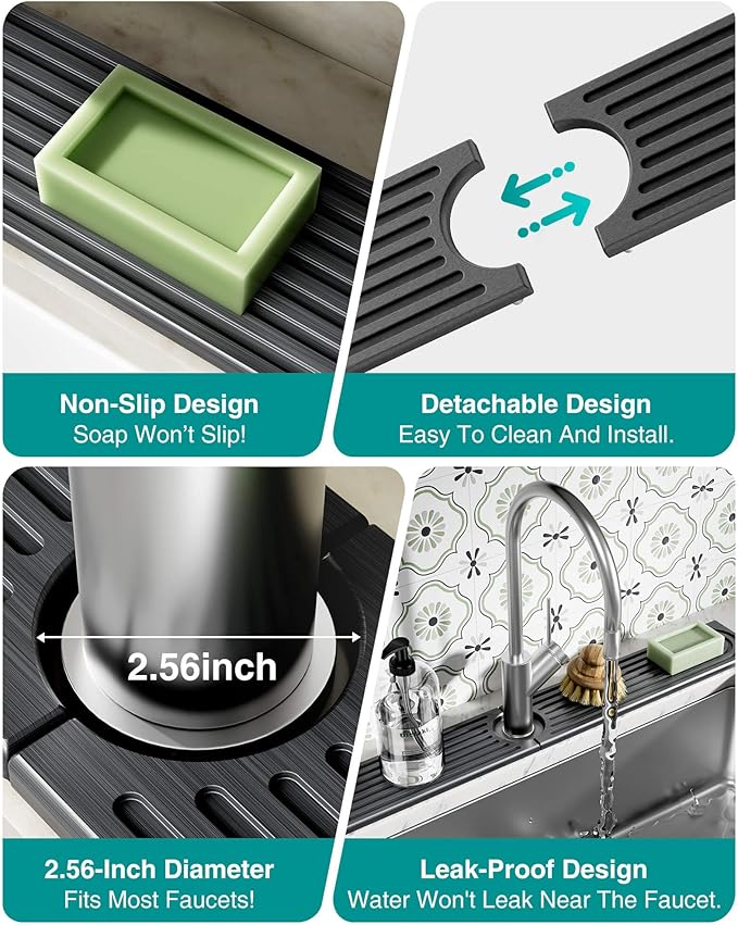 Stone Faucet Mat for Kitchen Sink, Diatomite Sink Protectors - Prevent Moisture Drying Stone Tray Fit Kitchen Counter & Bathroom Counter (Dark Gray, 15.8" x 4")