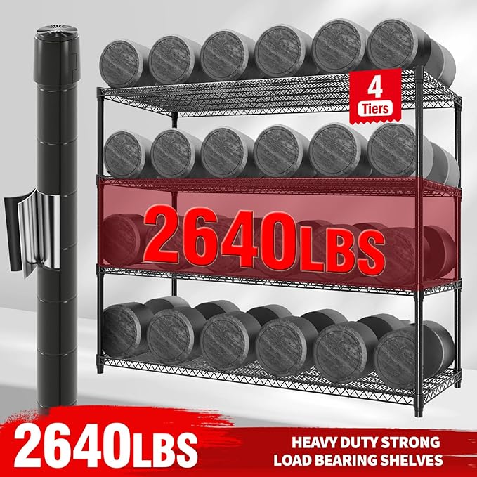 59" W Storage Shelves 2640LBS Heavy Duty Garage Shelving Units with Wheels and Adjustable Shelf, 4-Tiers Wire Shelving Rack for Garage Pantry Kitchen Warehouse Industrial