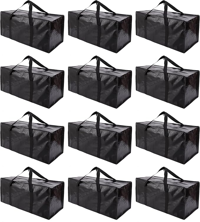 Extra Large Moving Bags with Zippers & Carrying Handles, Heavy-Duty Storage Tote for Space Saving Moving Storage, Fold Flat, Alternative to Box and Bin - 12 Pack, Black