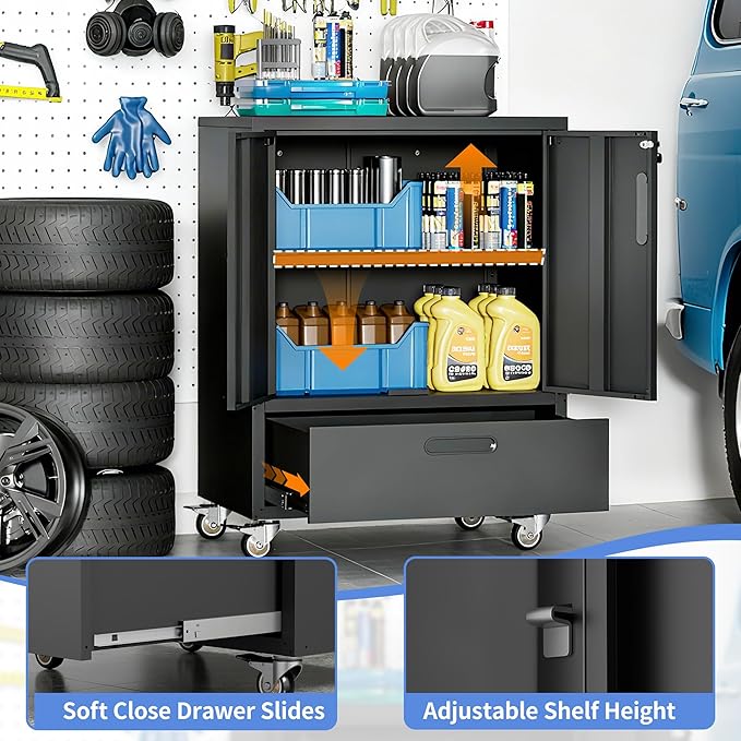 BIZOEIRON Metal Storage Cabinet with Wheels, Mobile Garage Storage Cabinet with 2 Lockable Doors and 1 Drawer, Rolling Tool Cabinet, Assembly Required, Black