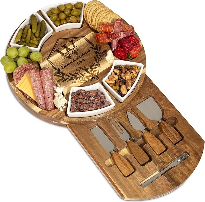 Personalized Charcuterie Board Gift Set – Custom Engraved Acacia Cheese Board with Ceramic Bowls, Wedding & Housewarming Gifts, for Women & Men
