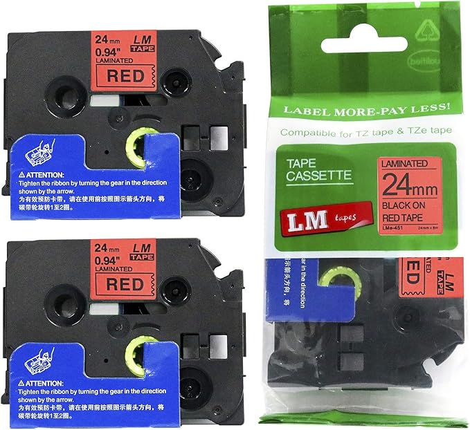 2/Pack LM Tapes - LMe451 Premium 1" Black Print on Red Label Compatible with Brother TZe-451 P-Touch and Includes Tape Color/Size Guide. Replaces TZe451 24mm 0.94 Laminated