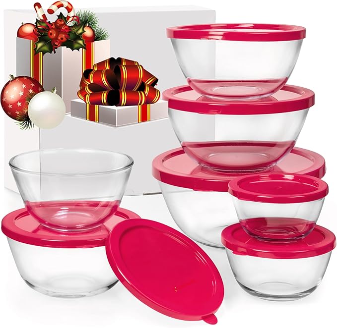 dokaworld 7 Stackable Space-Saving Nesting Glass Bowls with Pink Lids for Foodprep, Storage, Baking, Mixing & Cooking, Microwave Safe - Durable Inert Borosilicate Glass
