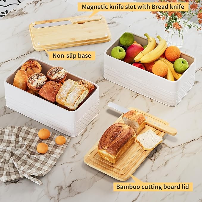 Furshus Bread Box for Kitchen Countertop,Metal Bread Storage Bin with Bamboo Cutting Board Lid, Includes Bread Knife, Fits Sourdough & Buns, Stylish Organize (White)