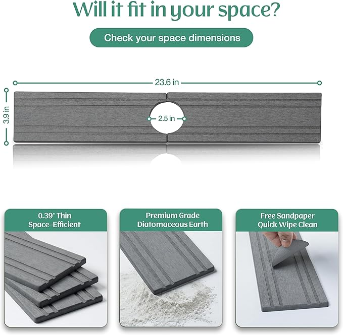 Stone Faucet Mat for Kitchen Sink Splash Guard 23.6" x 3.9" with 2.5" Center Hole | Light Grey Diatomite Drying Stone Mat | Non-Slip Stone Tray for Kitchen Counter with Premium Texture
