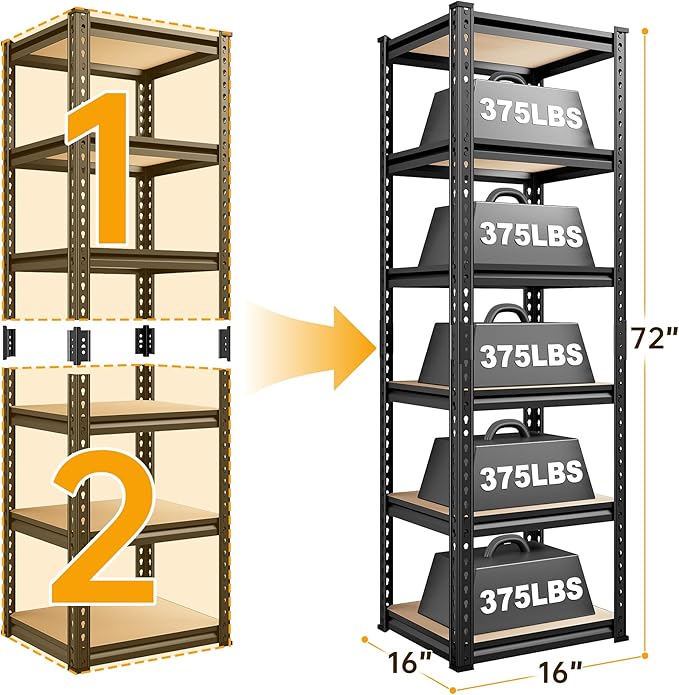 REIBII Storage Shelves 6 Tier Garage Shelving Heavy Duty Metal Shelving Loads 2250LBS Adjustable Metal Shelves for Garage Pantry Closet Kitchen Basement 16" W x 16" D x 72" H