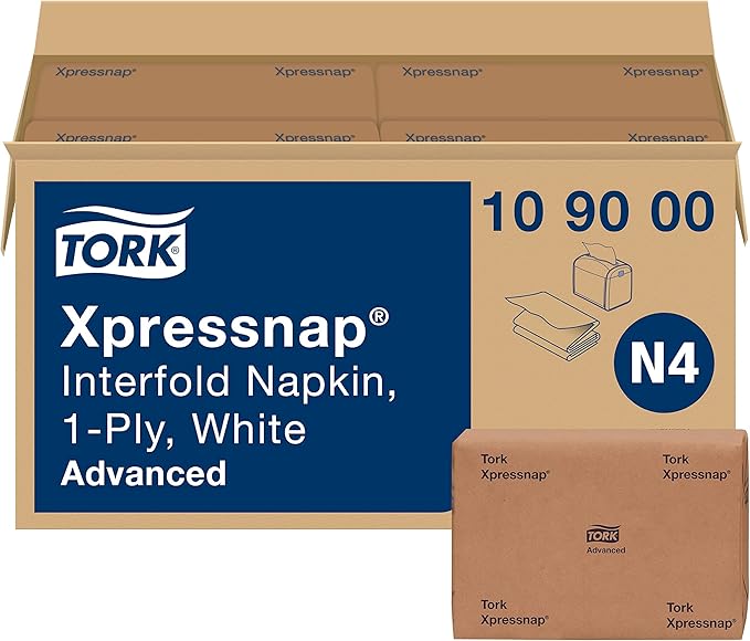 Tork Xpressnap® White Dispenser Napkin N4, One-at-a-Time Dispensing, 1-ply, 1/4 Fold, 13" x 8.5 ", 12 x 500 Napkins, 109000