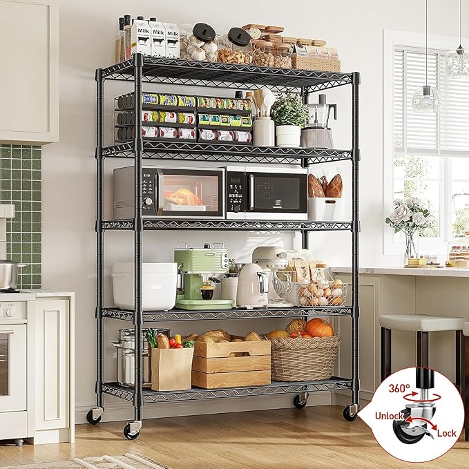 REIBII 73''H Storage Shelves 1660LBS Wire Shelving Unit with Wheels 5 Tier Metal Shelving,Heavy Duty Metal Shelves for Storage Rack,Commercial Industrial Shelving for Garage Kitchen 73''HX35''WX15''D
