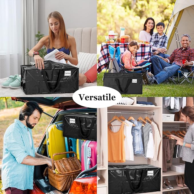 4 Pcs 24 Gallon Extra Large Moving Bags Heavy Duty Storage Bag with Strong Zipper Handle Foldable XXL Jumbo Storage Tote Packing Moving Box for College Dorm Travel Cloth Duffle (Black)