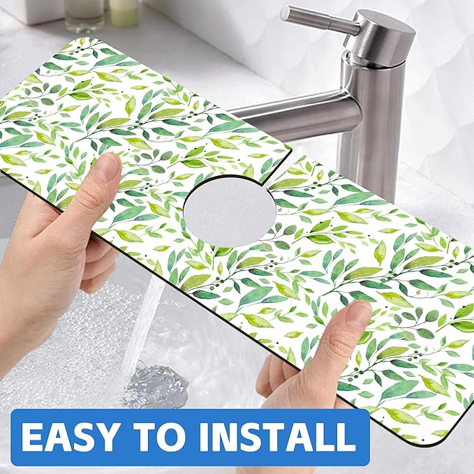 Tropical Eucalyptus Leaves Kitchen Sink Splash Guard Mat Absorbent Fast Drying Mat Faucet Draining Mat Sink Splash Guard Behind Faucet Drip Catcher for Kitchen Bathroom 5.5"×15"