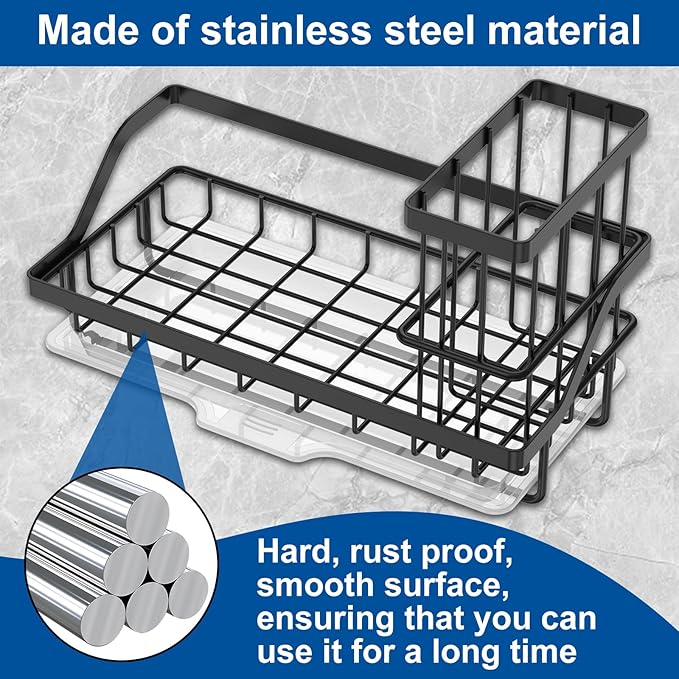 1PCS Sink Drain Rack Stainless Steel Sponge Holder Sink Organizer Rack Rustproof Kitchen Countertop Brush Sponge Holder with Detachable Drip Tray