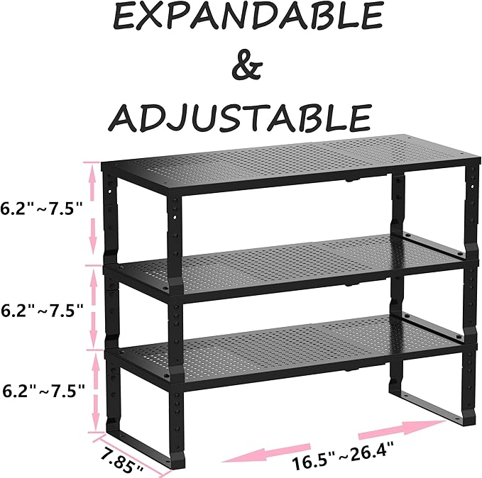 Asiingkel Metal Stackable Expandable Storage Shelf - Multi-Functional Home Storage Shelf, Suitable for Kitchen, Cabinet，Bathroom, Office, Garage, etc.（3PACKS/Black/Medium