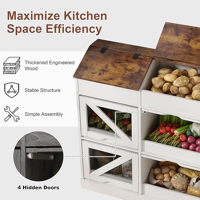 Potato Storage Bin Bread Box with Lid,Rustic Onion&Fruit Organizer with Wood Hidden Door,Farmhouse Grocery Section Decorative,Vegetable Organization Cabinet W/Mesh Door for Kitchen Dining Room(White)