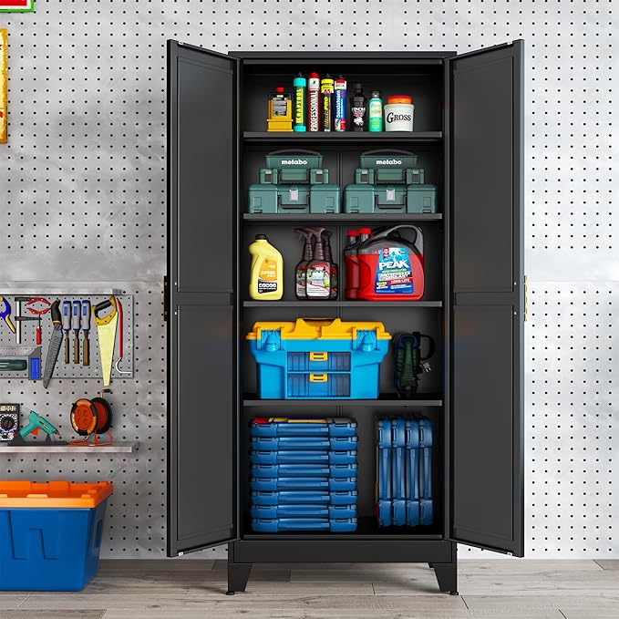 erosoei 75.2”H Metal Kitchen Pantry Storage Cabinet, Storage Cabinets with Adjustable Feet and Shelves,Food Pantries Cupboard for Kitchen, Living Room, Laundry Room and Dinning Room（Black）