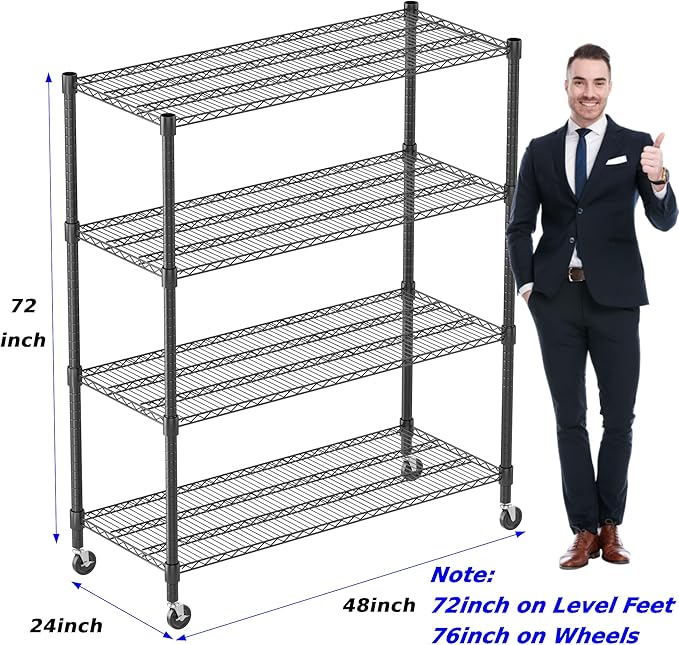 Homdox Heavy Duty Metal Shelves for Storage, 4 Tier Storage Racks and Shelving, Commercial Adjustable Wire Shelving Unit on Wheels, Garage Rack Pantry Shelves Kitchen Shelving, 24"x48"x72", Black