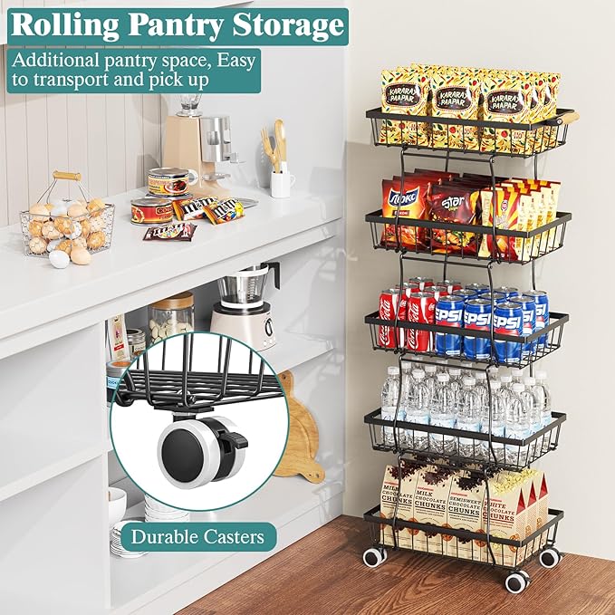 5 Tier Slim Fruit Basket for Kitchen, Stackable Wire Fruit Vegetable Storage Baskets Organizer Stand on Wheels, Metal Produce Basket Potato Onion Storage Bins Rack for Pantry, Black