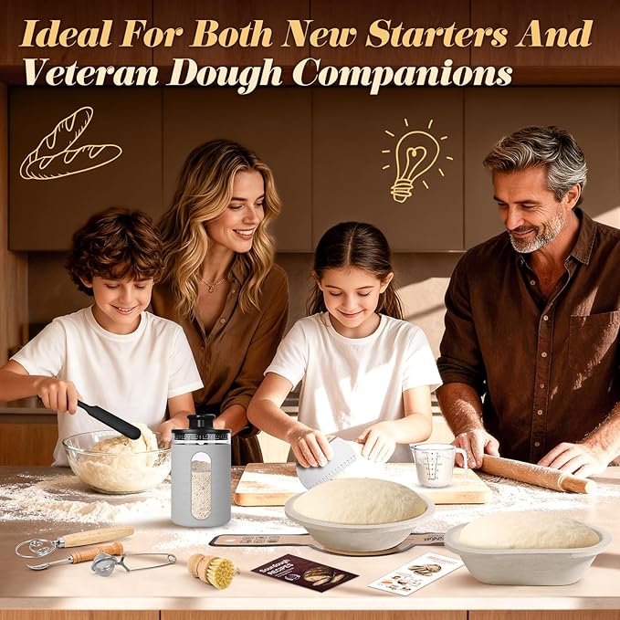 Deluxe Sourdough Starter Kit with Wood Pulp 9" Round & 10" Oval Bannetons & Personalized 34 oz Sourdough Starter Jar Air Flow Lid, Bread Sling Scrapers & Bag Complete Sourdough Bread Baking Supplies