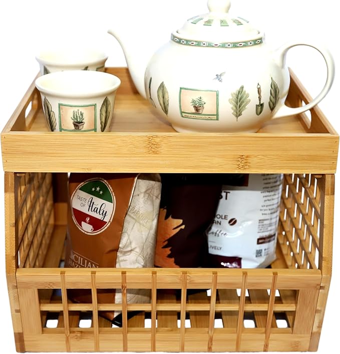 Bamboo Storage Bin - Multipurpose, Stackable Open Front Storage Bin with Bamboo Serving Tray Lid for Kitchen & Pantry - Stylish Lattice Design