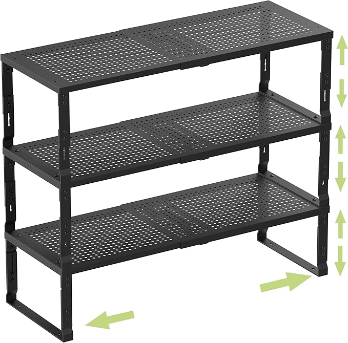 Zilvando Heavy-Duty Adjustable Metal Shelf Organizer - Expandable & Stackable Pantry Storage Rack for Kitchen, Bathroom, RV, Cabinets(3 Packs/Black, Medium)