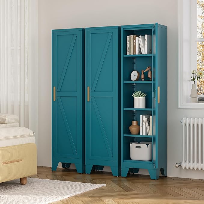 LCAOPC 67" Tall Narrow Bathroom Metal Storage Cabinet with 4 Adjustable Shelves, Freestanding 5 Tier Slim Pantry Storage Cabinet for Small Space, Peacock