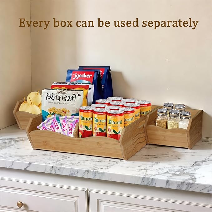 3 Pieces Bamboo Pantry Storage Bins, Stackable Pantry Baskets with Handle, Kitchen Potato and Onion Storage Bin, 2 Tiers Pantry Organizer for Produce, Fruits, Vegetable