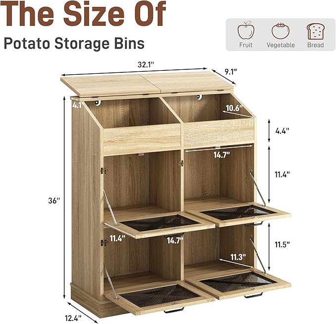 Large Wood Bread Box for Potato,Onion.Veggie Bin W/6 Large Storage Box.Root Vegetable Storage Box For Kitchen,Farmhouse Potato Storage Bin W/4 Mesh Doors,Bread Keeper for Toast,Bagel,Donut,Cookies