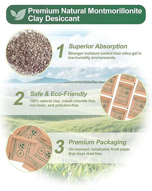 100 Gram (15 Pack) Kraft Clay Desiccants Packs, Premium Food Grade Desiccant - Rechargeable Moisture Absorbers for Food Storage, Electronics, 3D Filament & Safes