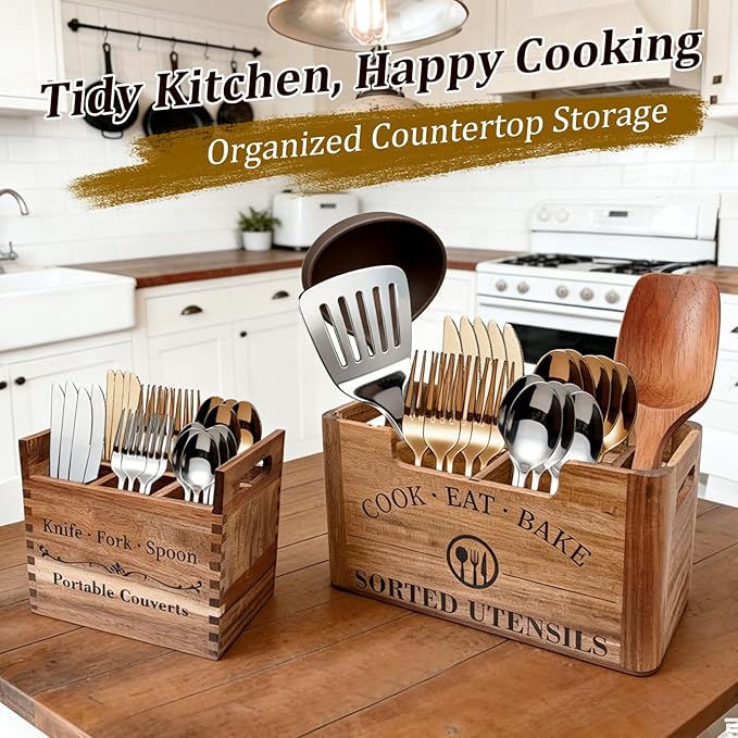 2-in-1 Upgraded Design Kitchen Utensil Holder,Acacia Wood Utensil Holder for Kitchen Counter, Large Utensil Holder with Removable Portable Organizer for Classified Storage,Ideal for Kitchen Use