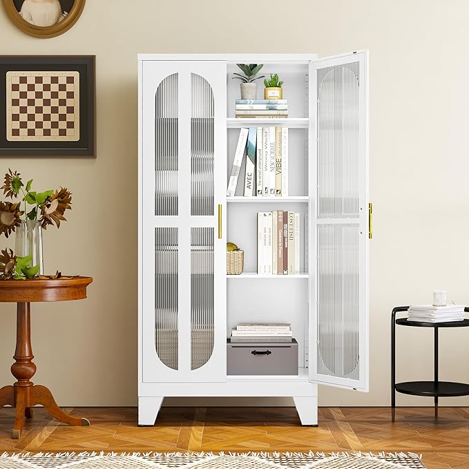 pozdeg 61" Metal Kitchen Pantry Storage Cabinet with 2 Acrylic Glass Doors ＆ 3 Adjustable Shelves, Versatile Food Freestanding Cupboard for Kitchen, Dining Room, Bathroom and Garage (White)