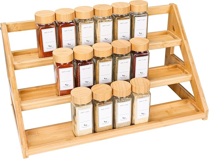 MNADSFKJ Spice Rack, Spice Organizer -3 Tier Bamboo Spice Racks, Solution for Spice Storage in Kitchens, Countertops，Storage Rooms and Other Places