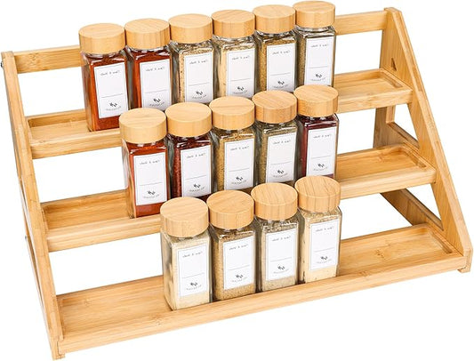 MNADSFKJ Spice Rack, Spice Organizer -3 Tier Bamboo Spice Racks, Solution for Spice Storage in Kitchens, Countertops，Storage Rooms and Other Places