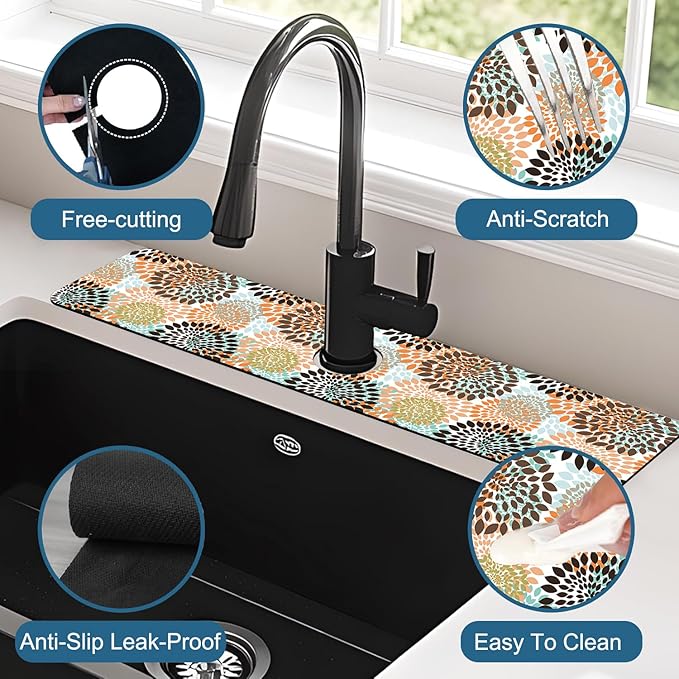 Vintage Flowers Sink Splash Guard Abstract Floral Faucet Absorbing Mat Fast Drying Mat Sink Gadgets Splash Guard Behind Faucet Drip Catcher for Kitchen Bathroom, 23.5"x5.5"