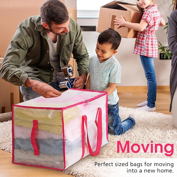 Aliceset 12-Pack Clear Moving Bags 90.84L Heavy Duty Extra Large Storage Totes with Reinforced Handles & Zippers, for Moving, College Dorm, Traveling(Pink)
