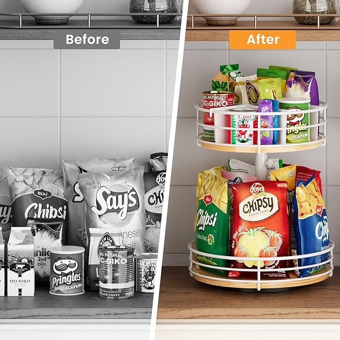HISKIWUU Snack Organizer with Adjustable Height and 360°Rotation, 2 Tier Lazy Susan Snack Storage Holder for Countertop Office Home Breakroom, White