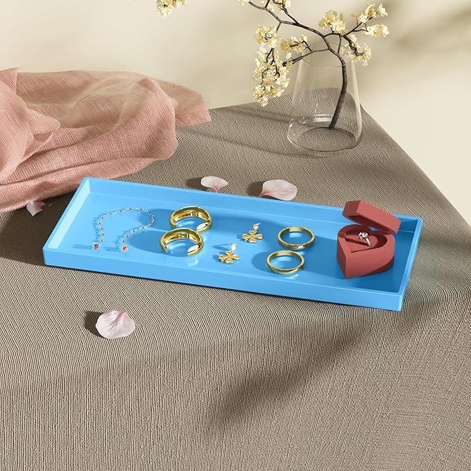 Mriluvy Vanity and Bathroom Tray, 15" ABS Countertop Organizer,Waterproof Vanity Tray for Toilet Tank,Perfume,Soap,Keys,Bathroom Accessories,Kitchen and Bath Trays,Non Slip Small Trays,Blue