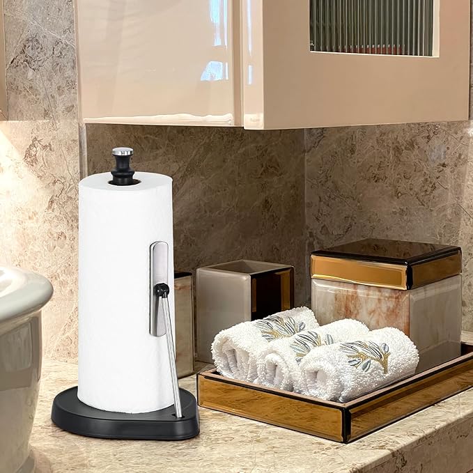 Dailyart Paper Towel Holder with One Hand Tear, Tension Arm & Non-Slip Weighted Base - Stainless Steel Kitchen Counter Stand for Paper Roll, Silver