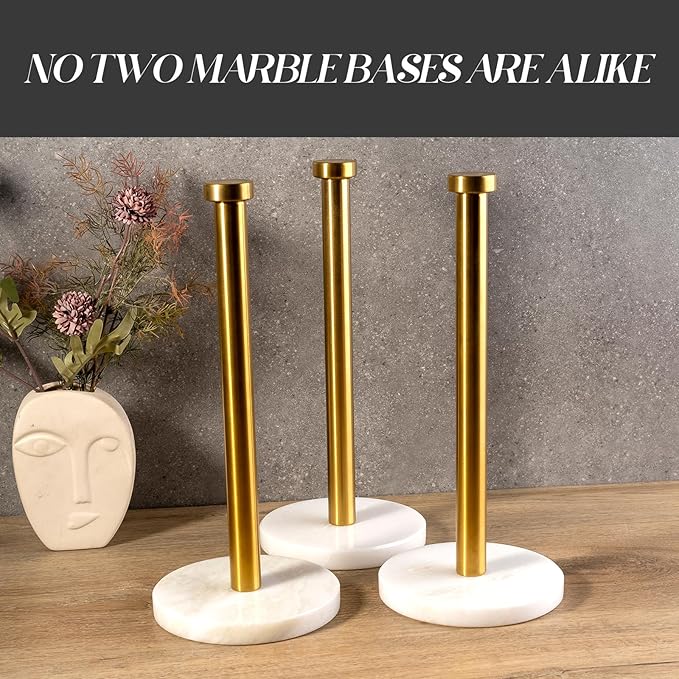 Koville African Genuine Marble Paper Towel Holder Countertop, 6" Stone Base Gold Rod Paper Towel Holder Stand for Kitchen Storage, for Standard or Jumbo-Sized Rolls